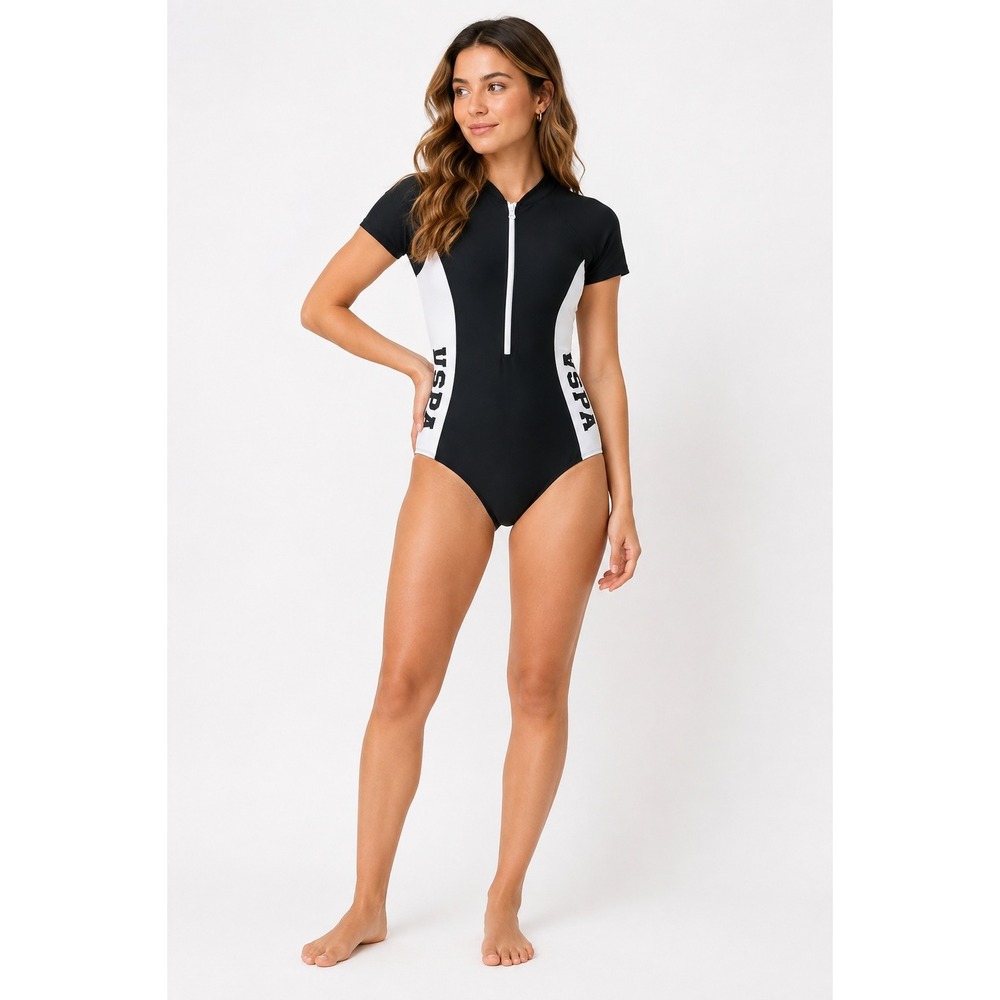 Zip Front Short Sleeve One Piece Swimsuit Juniors XL Black White Sporty USPA